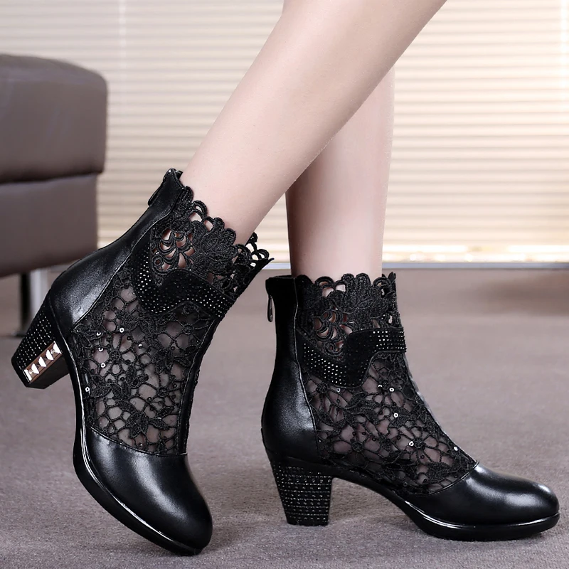 genuine leather female spring and autumn cutout mesh boots medium heel ...