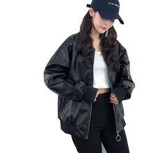 Весенняя черная ветровка женская искусственная Базовая куртка верхняя одежда плюс размер черная кожаная куртка Свободная курточка-бомбер Harajuku