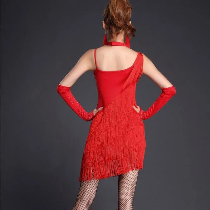 Комплект из 3 предметов(платье+ перчатки) платье для латинских танцев бальная блестящая бахрома с блестками и кисточками танцевальная одежда красный королевский синий черный