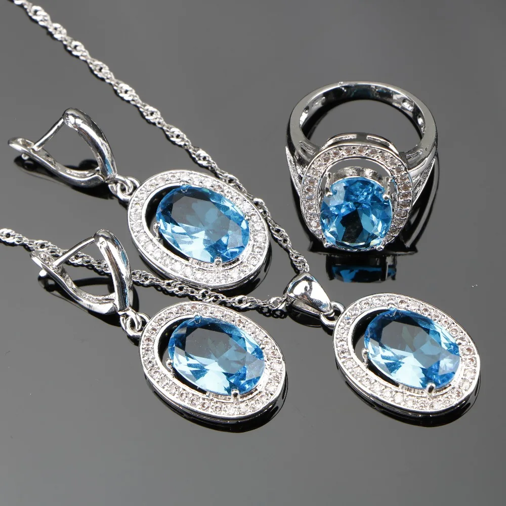 Buy 3PCS Ladies Blue Stones Jewelry Sets 925 Sterling