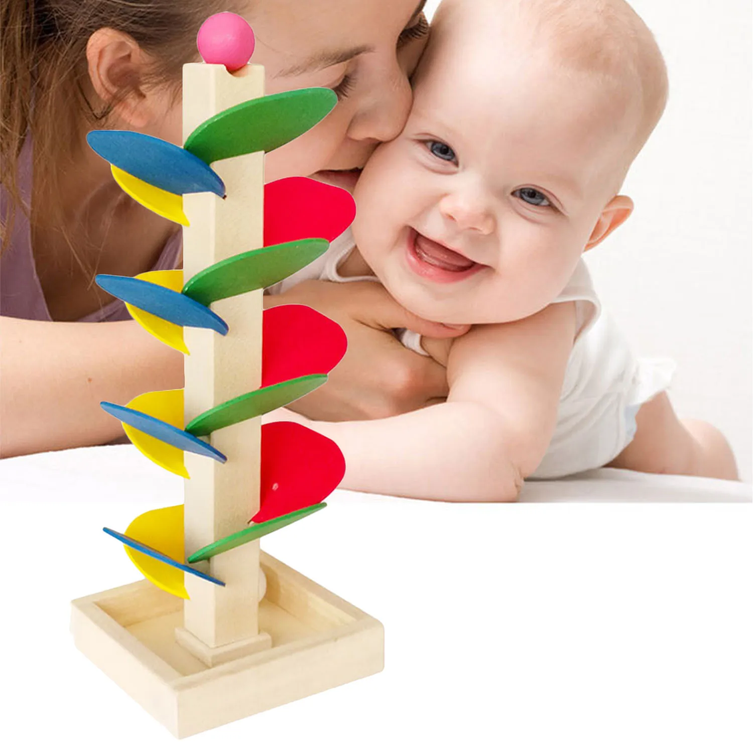 

Kids Baby Wooden Montessori Tree Bead Run Track Colorful Assembling Wood Track Tower Scroll Beads Early Learning Educational Toy