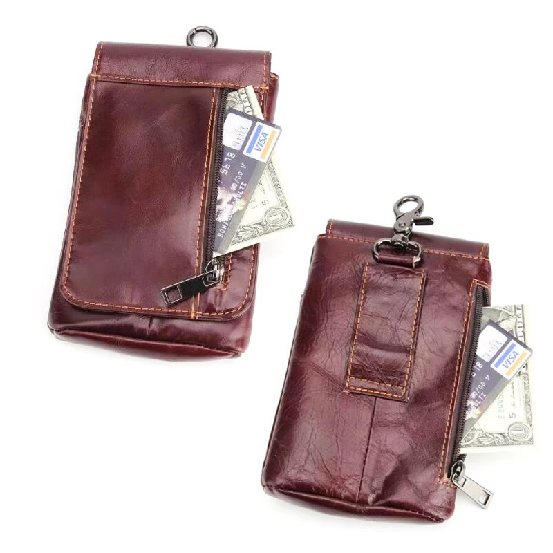 Shoulder Hook Loop Belt Clip Genuine Leather Mobile Phone Case Pouch