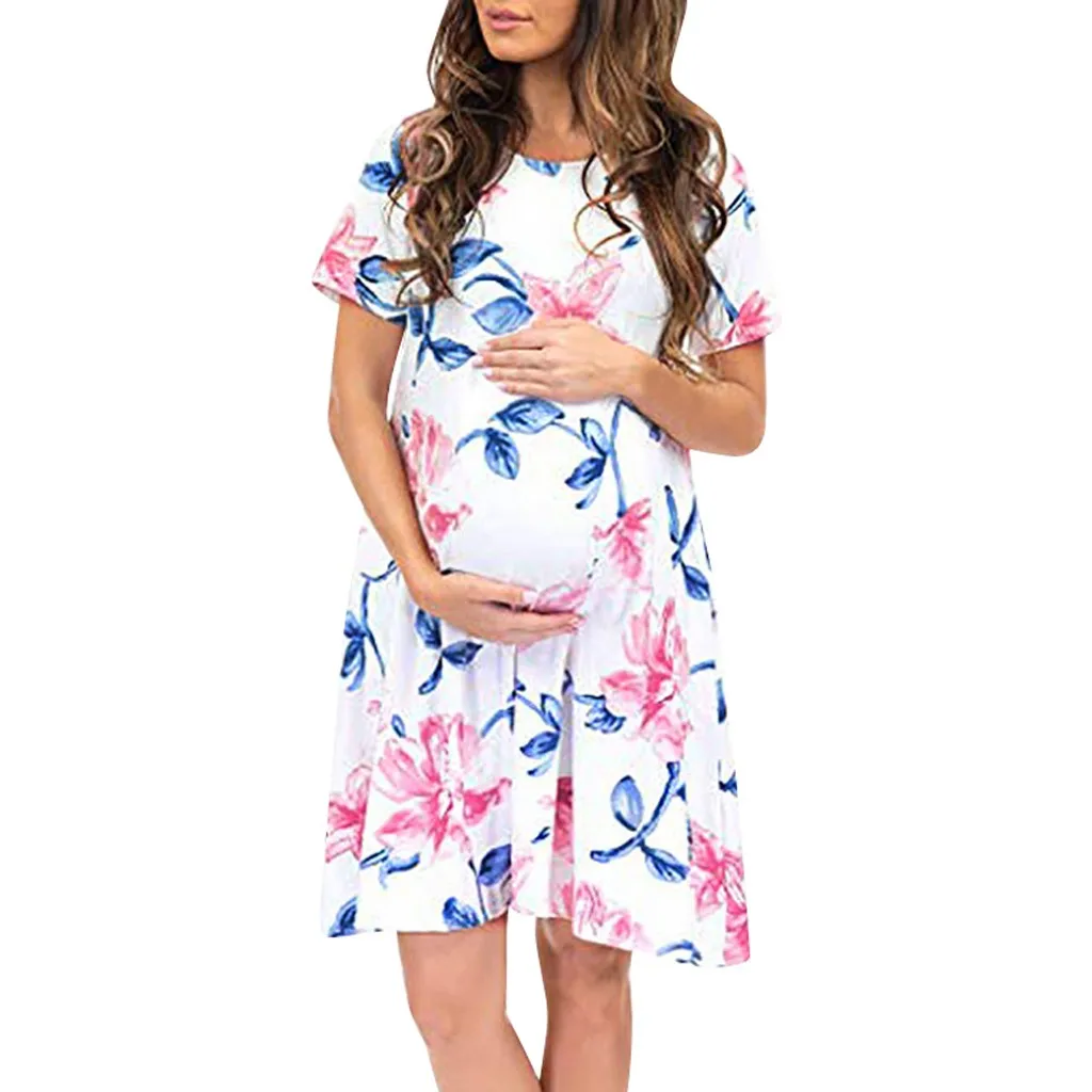 Maternity Dresses Women Short Sleeve Ruched Floral Print Maxi Pregnancy ...