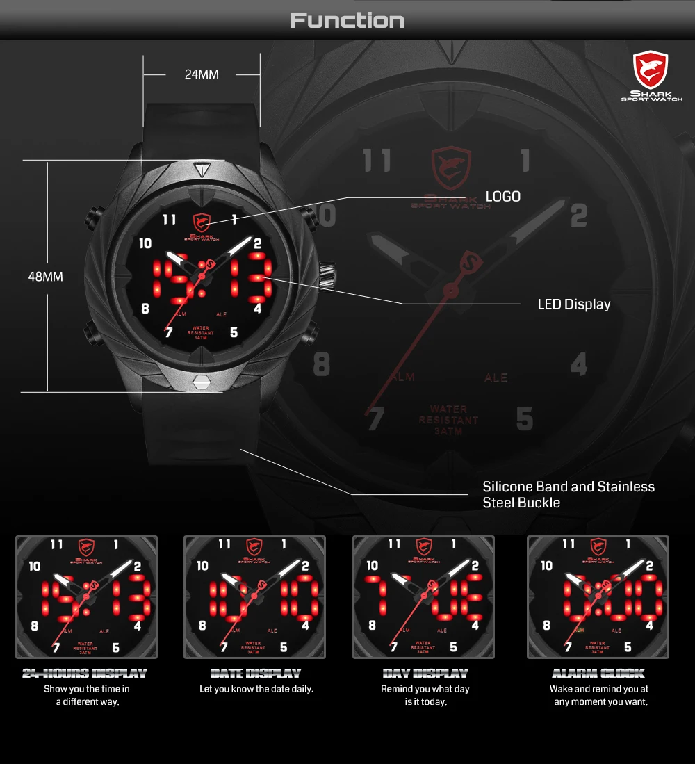 Изящные спортивные часы с акулой, креативный дизайн, черный светодиодный, аналоговый, кварцевые, авто, дата, день, силиконовый ремешок, мужские цифровые наручные часы/SH577