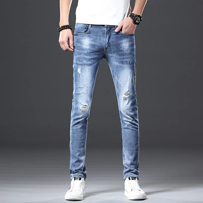 

Men Spring Haren Jeans Pencil Pants Hole Ripped Casual Loose Male Denim Trousers Ankle-Length 2019/Jeans Male slim Feet Style St