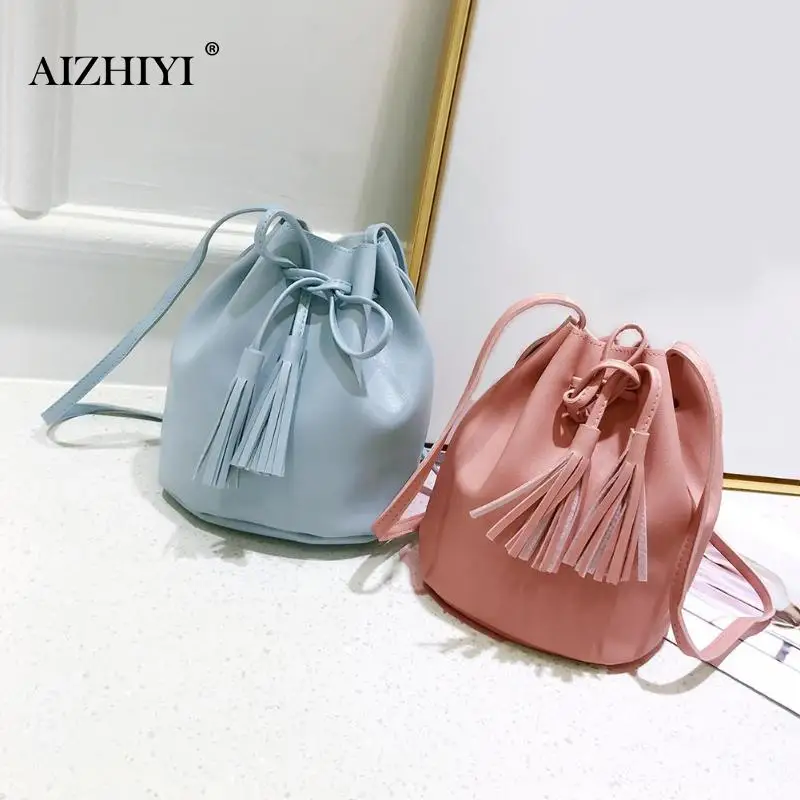 الأزياء بو الجلود البسيطة حقائب كتف المرأة الشرابة الرباط رسول دلو صغيرة Crossbody عارضة الفتيات يد Bolso حقيبة