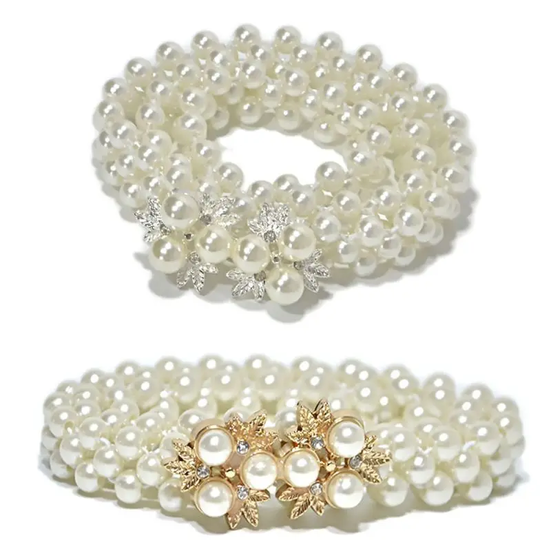 

70x2cm Thin Faux Pearls Waistband Bridal Wedding Sash With Metal Alloy Flower Rhinestone Decor Bukle Waist Belt Chain Gold/Silve