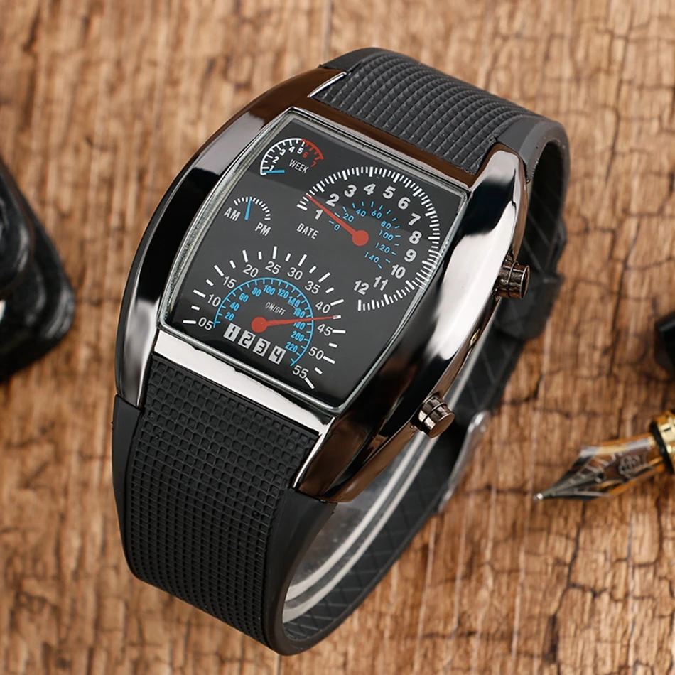 YISUYA Blue&White LED Lighting Men Watches Digital Dial Display Males Wrist Watch Rubber Silicone Band Pin Buckle Speedometer   (8)