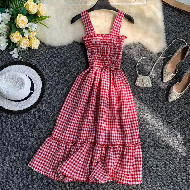 Slim Ladies Ruffles Vintage Plaid Print 2020 Sexy Summer Midi Dress Party Spaghetti Strap Women Casual Beach Elegant Vestidos
