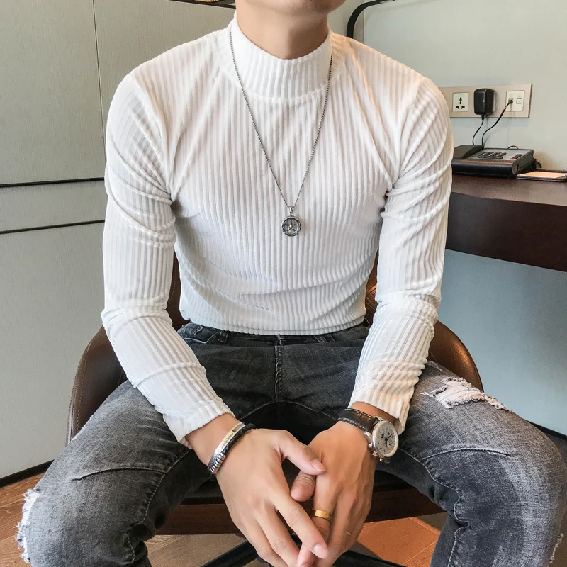 

Men Corduroy Half Turtleneck Tees Shirts Fashion Casual Slim Fit Long Sleeve Bottoming T-shirt Male Stripe Solid Tshirt