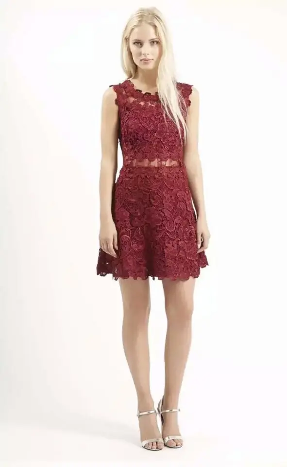 New Summer Dress 2017 Women Sleeveless Patchwork Lace Flower Dress Red Lace Seethrough A Neck