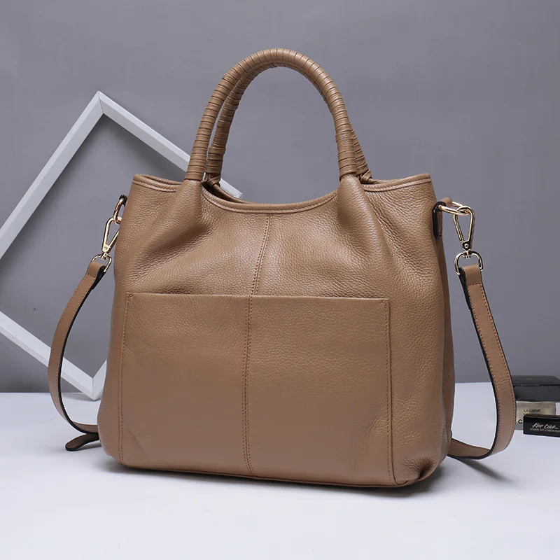 Женская сумка из натуральной кожи с верхней ручкой, женская сумка через плечо, большая сумка-мессенджер с двумя боковыми карманами - Цвет: Light brown