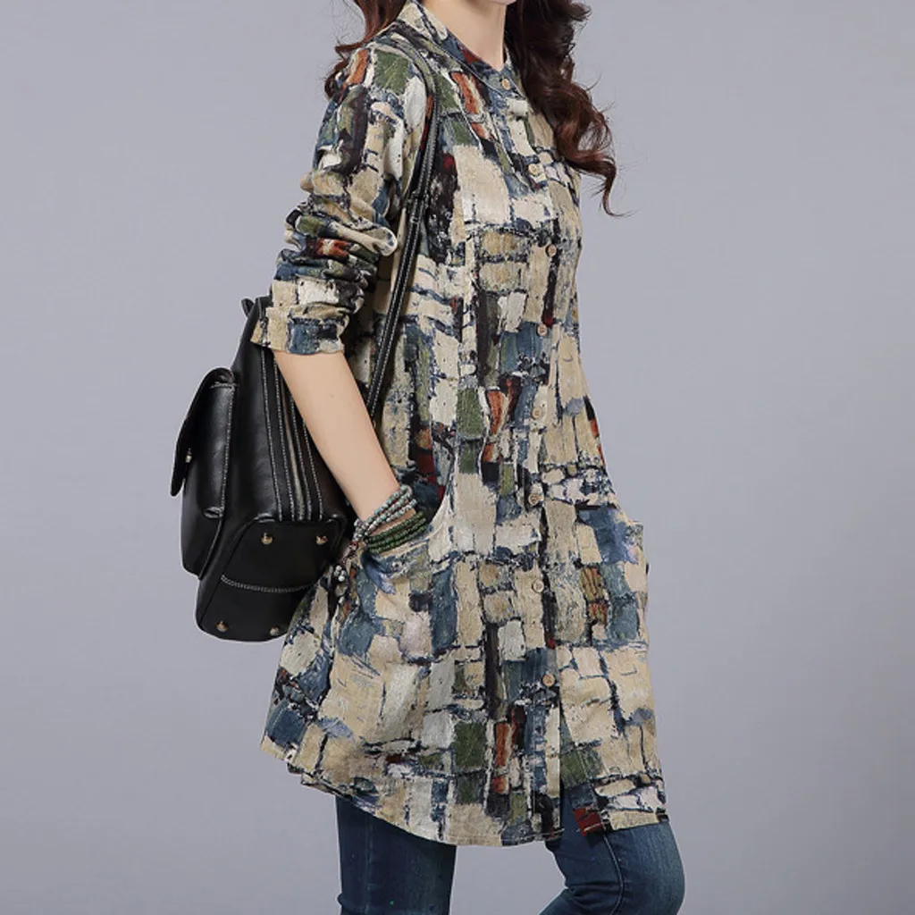 Fashion Top 2019 Women Mid-length Cotton Linen Long-sleeved Shirt Printed Collar Top T-Shirt