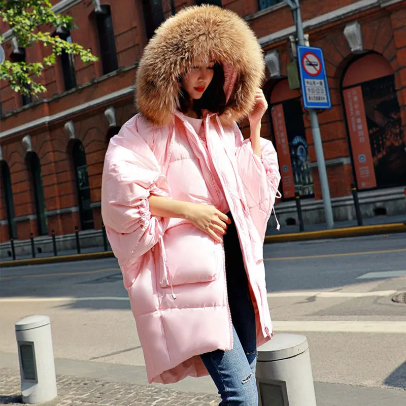 pink Женское пуховое пальто, новинка, корейский Толстый Настоящий скорпион, меховой воротник, свободный, студенческий стиль, модные рукава летучей мыши, большие размеры, куртка для женщин 453 - Цвет: pink