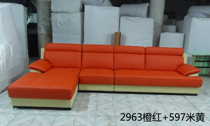 

Free Shipping European style living room furniture Top Grain Leather L Shaped Corner Sectional Sofa Set orange leather sofa