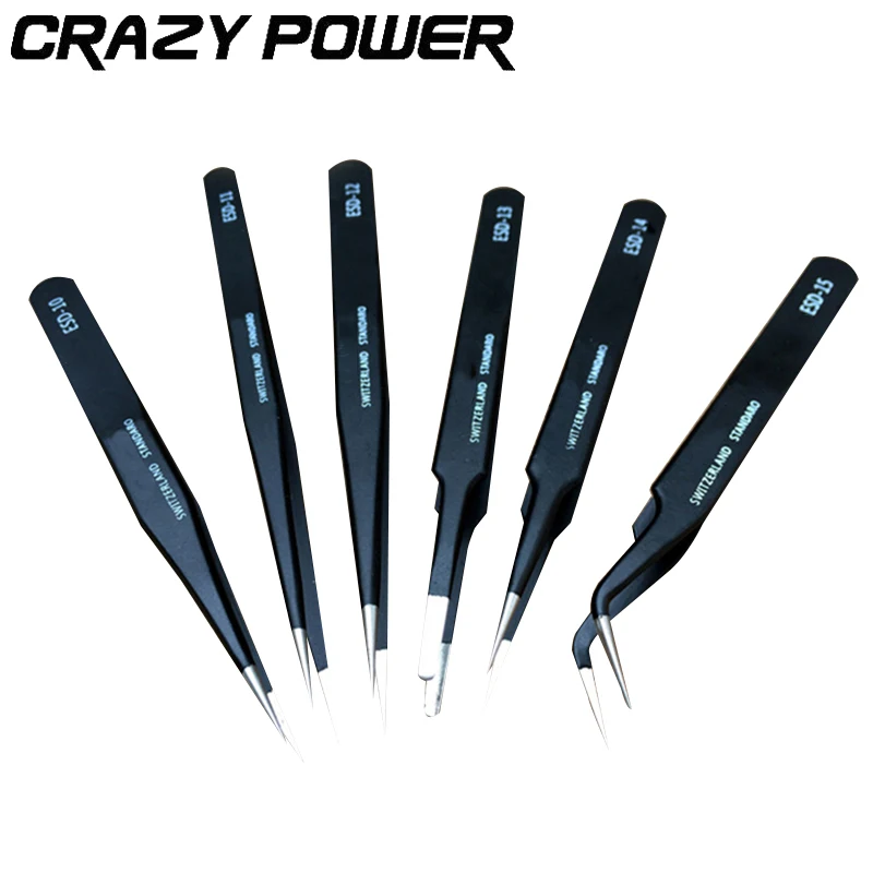 CRAZY POWER 6Pcs Anti static Repair Tweezers Set Straight Curved Electronic Nail Art DIY Tools Professional