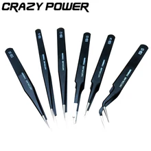CRAZY POWER 6Pcs Anti-static Repair Tweezers Set Straight Curved Electronic Nail Art DIY Tools Professional Nipper Picking Tools