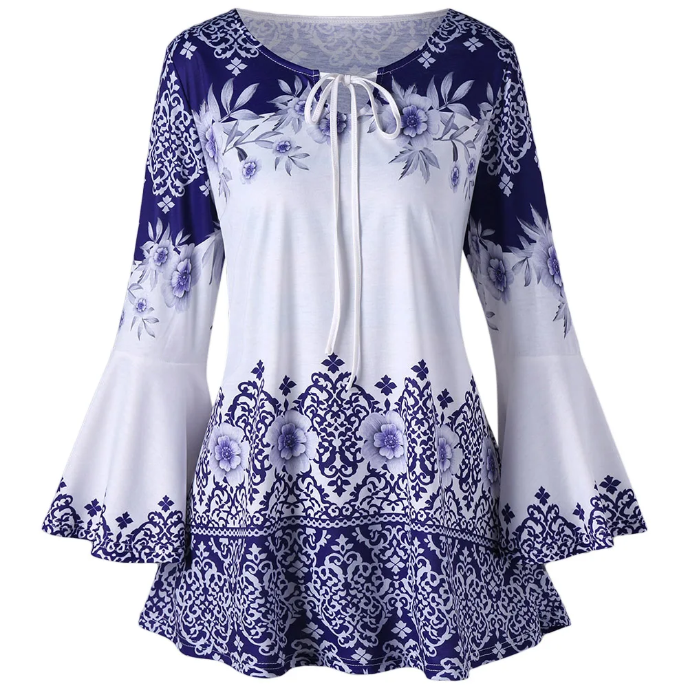 

Wipalo Women Plus Size 5XL Causal Flare Sleeve Print Keyhole T-Shirt Fashion Spring Long Sleeve Ladies Tops Big Size T-Shirts