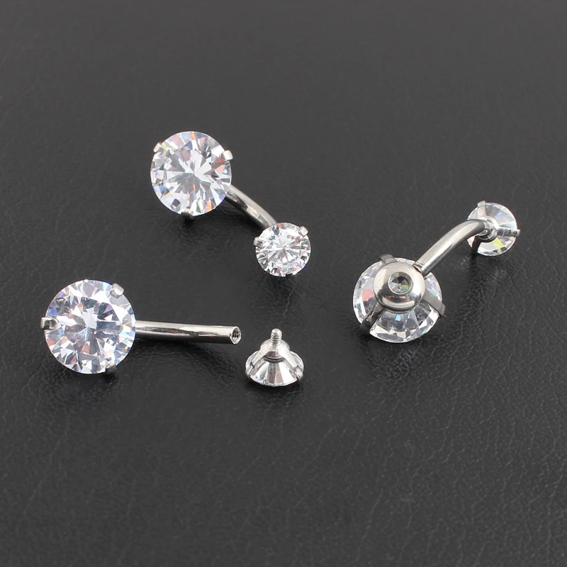 

Belly button ring all stainless steel prong setting double CZ zircon internal thread body piercing navel ring piercing jewelry