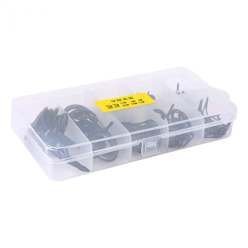 75pcs Fishing Rod Guides Top Tips Set Repair Kits Steel Eye Rings Plastic Box