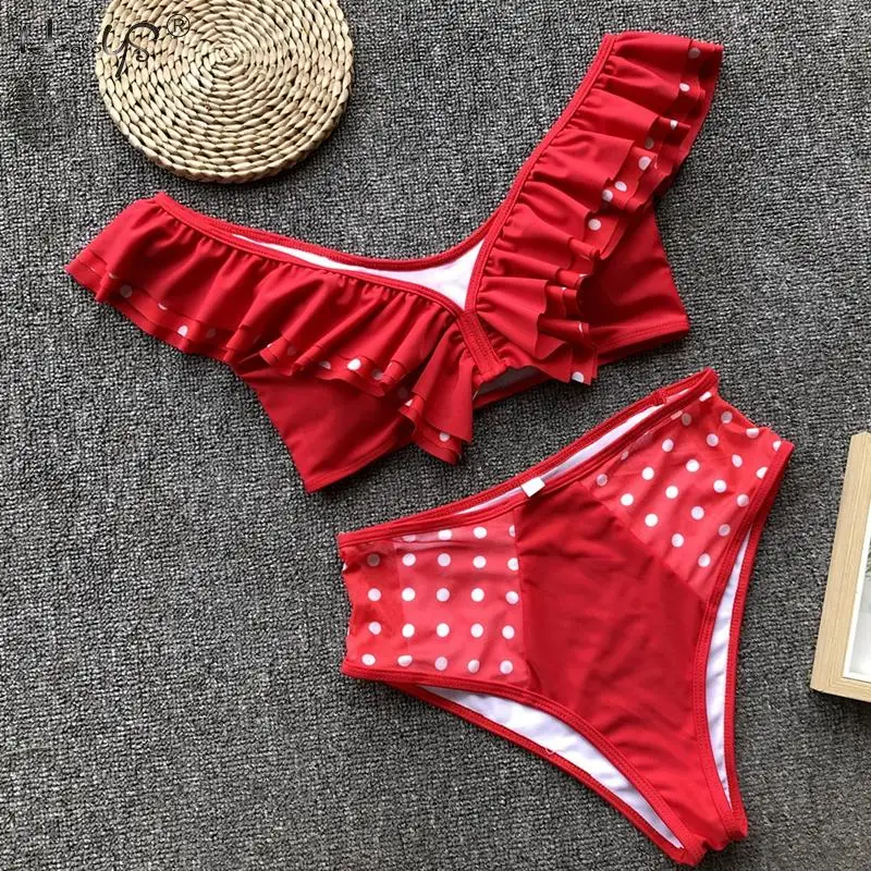 

2019 Polka dot Print Swimwear Women Mid Waist Bikini Ruffle Swimsuit Push Up Bikinis Set Bathing Suit Beach wear Summer Biquini