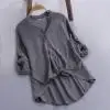 

2019 Women Cotton linen Casual Solid Long Short Sleeve T Blouse Button Down Top 3.4