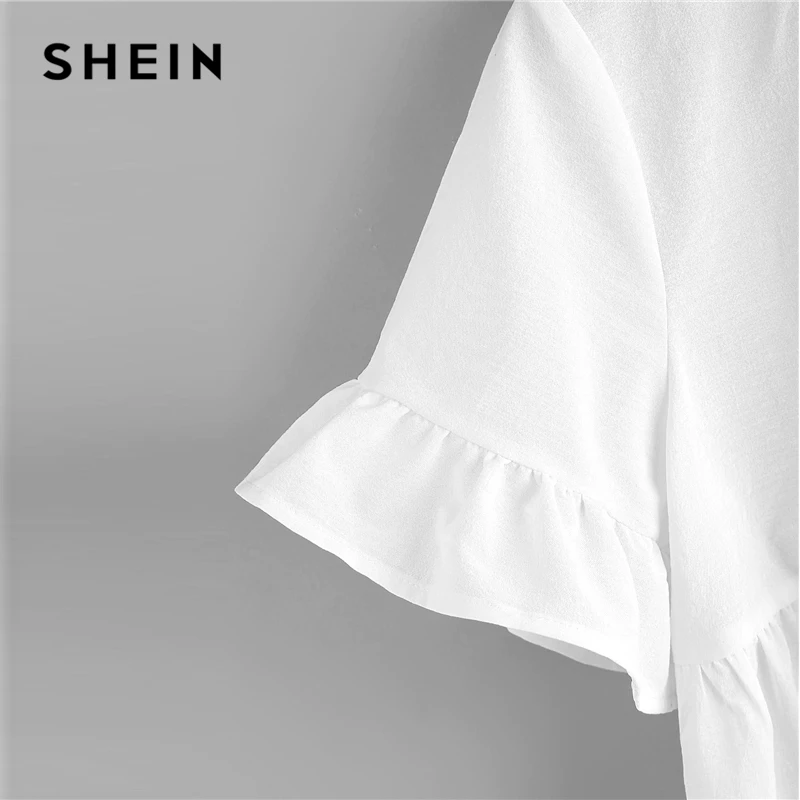 SHEIN, милый розовый топ с манжетами и рюшами, женская блузка, расклешенный подол, круглый вырез, короткий рукав, летние свободные женские топы и блузки