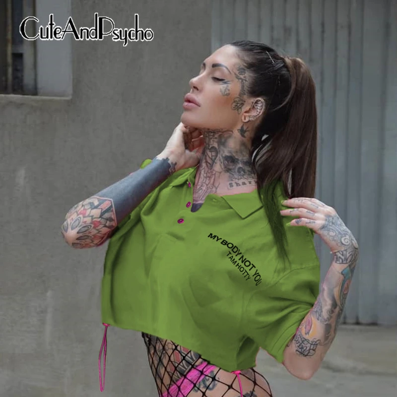 

2019 Letter Print Sexy Women Summer TShirt Short Sleeve Drawstring Turn Down Collar Tee Shirt Neon Green Crop Tops Cuteandpsycho