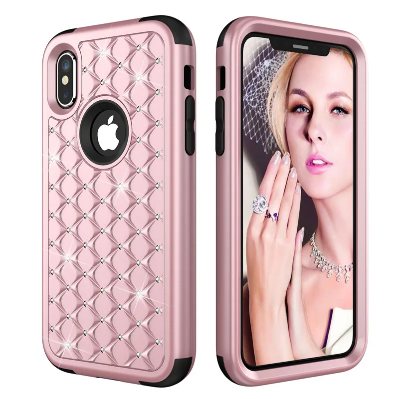 Bling Diamond Shockproof  Armor Case For iphone 11 12 13 Pro XS Max 8 7 Plus Cover 3 in 1 Silicon & PC Full Protection Back Case case for iphone 13 mini