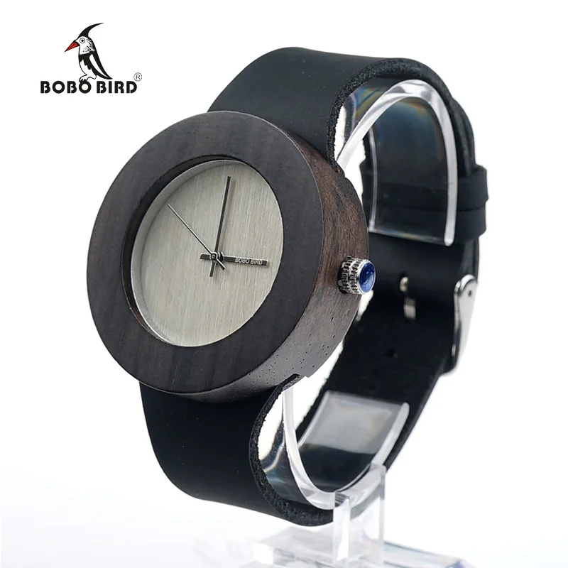 BOBO BIRD черные деревянные часы для женщин с серебряной указкой с нормальным логотипом деревянный циферблат кожаный ремешок кварцевые часы SUPERIA OEM