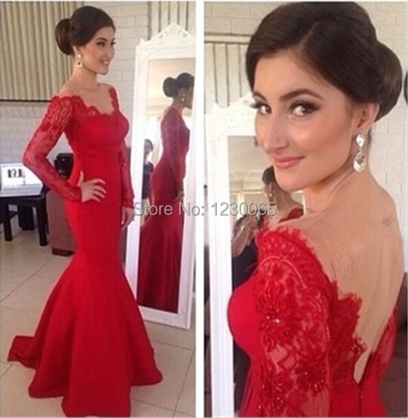 

robe de soiree vestido de festa 2015 red long prom dress stunning open back long sleeves party lace sexy meramid evening dress