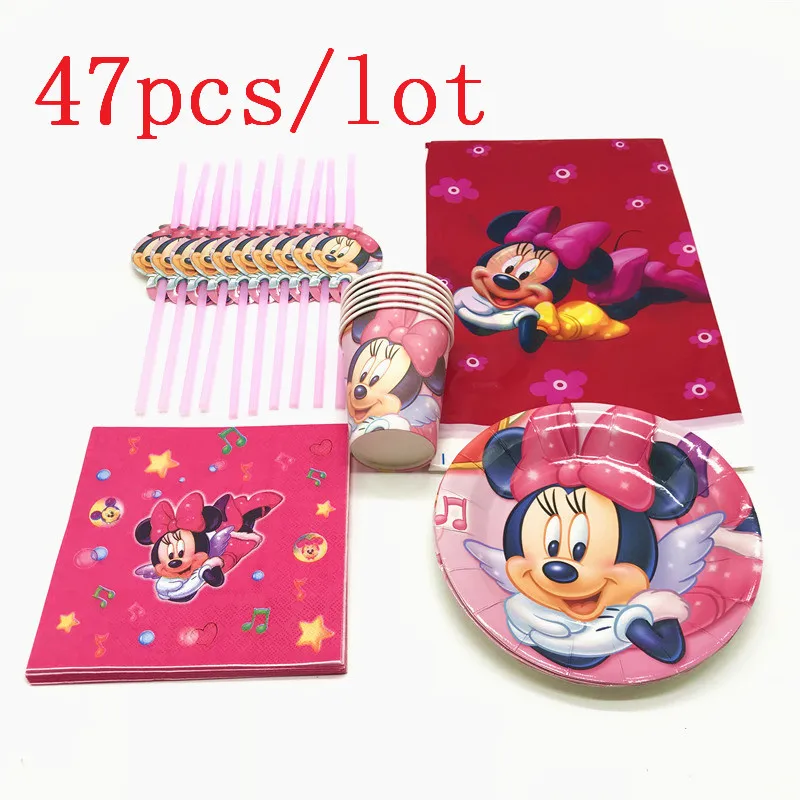 

Minnie Mouse 47Pcs/lot Cartoon Theme Cup+Plate+Tablecover Wedding Kid Birthday Party Baby Shower Napkin+Plastic Straw Supply