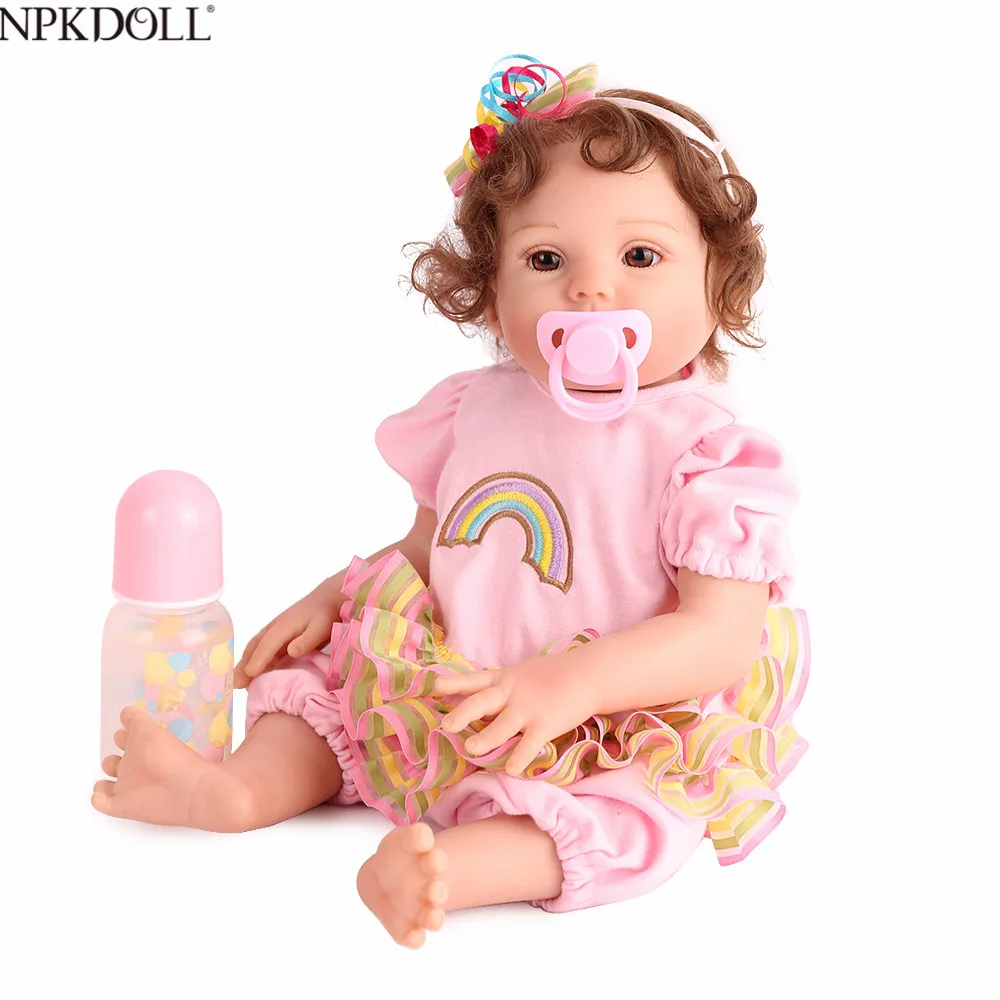 

NPKDOLL 17inch Full Silicone Reborn Baby Lifelike Alive Girl Doll Bath Toy Cute Bebe Boneca Curly Hair menina Birthday Gift