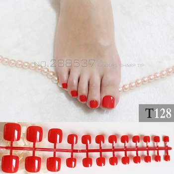 

fake toenails short paragraph round Solid color candy Sunset red T128