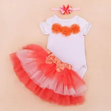 3PCs per Set Baby Girls Romper Lace Flowers Orange Six-layers Jumpersuit Headband Shoes for 0-24Months