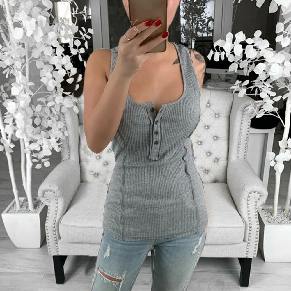 Summer New Ladies Casual Street Daily Sleeveless Solid Skinny Tank Top Vest Women High Quality Scoop Neck Low Cut Button Vest