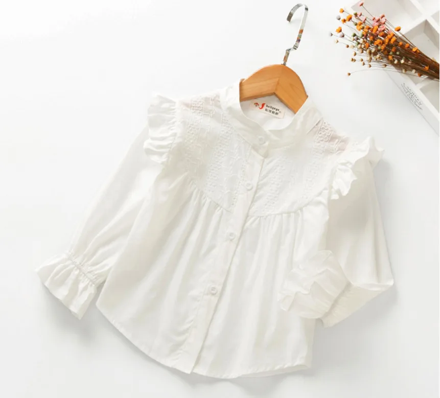 Одежда для маленьких девочек; Новое поступление года; Детские рубашки для девочек; хлопковые кружевные рубашки принцессы с длинными рукавами; детская блузка со стоячим воротником; подарки - Цвет: Белый