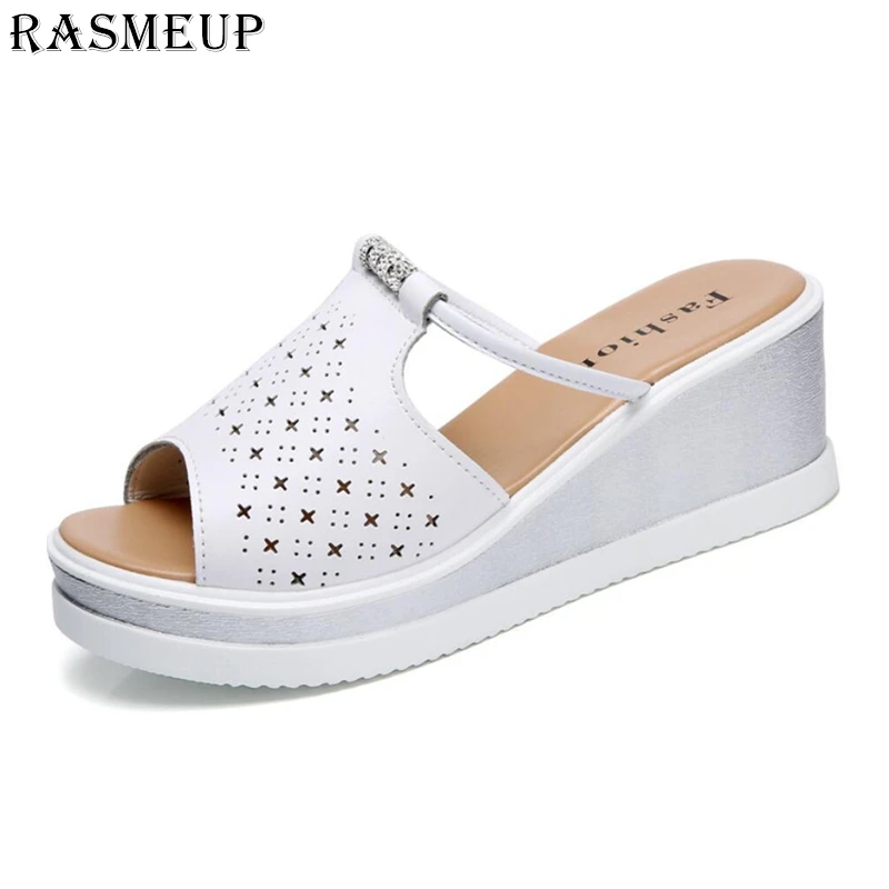 

RASMEUP Genuine Leather Women's Platform Slippers 2018 Women Slip On Wedge White Slides Woman Open Toe Summer Sandals Shoes