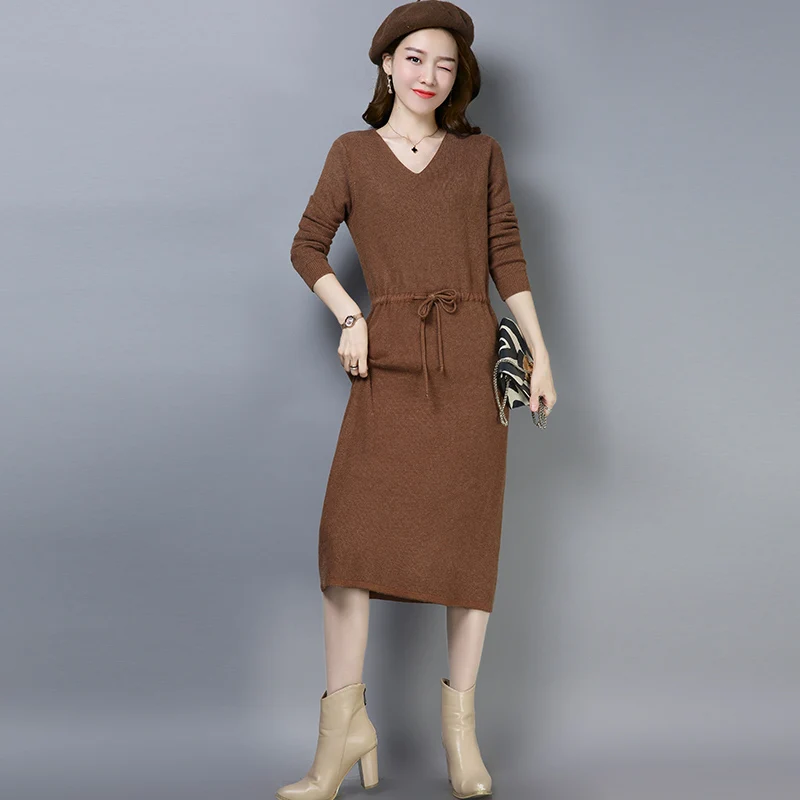 Women Knit long Dress Woman V neck dress 2018 Elegant solid Dressesin