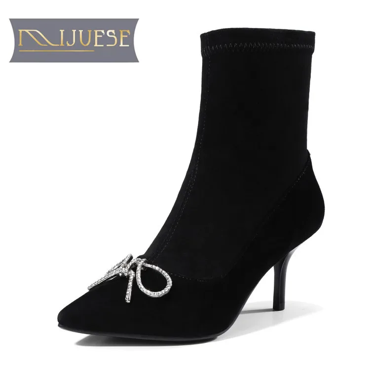 

MLJUESE 2018 women boots Kid Suede black color crystal zippers pointed toe autumn spring ankle boots female boots casual boots