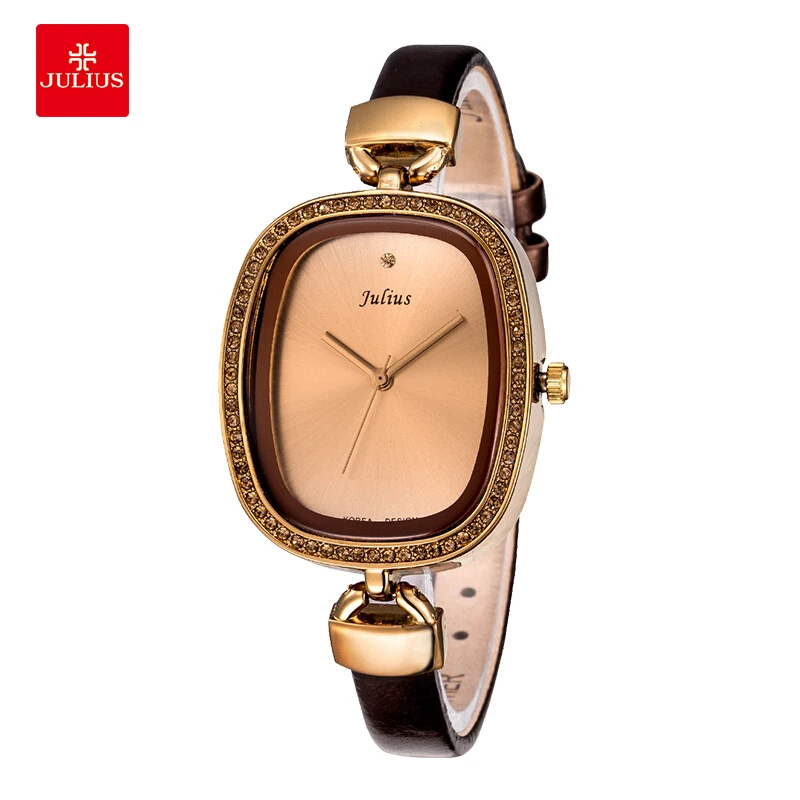 

JULIUS Brand Vintage Brown Leather Watch for Women Ladies Retro Bracelet Watches Creative Crystal Dial Wristwatch Gift