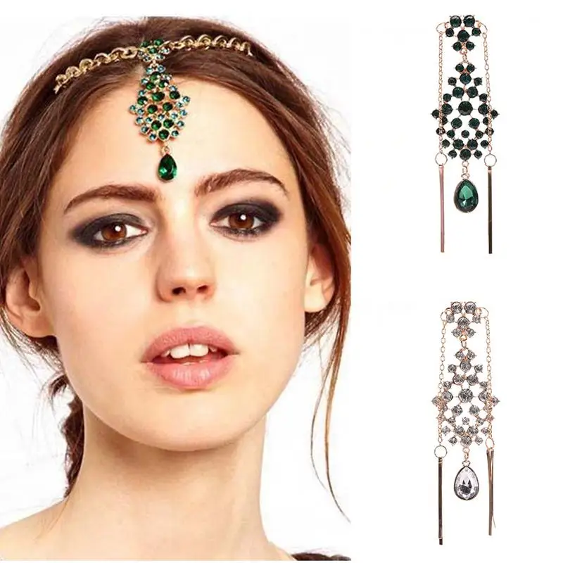

NEW Fashion Crystal Rhinestone Pendant High Forehead Women Indian Hair Bands Flower Hair Pins Ethnic Jewelry Accessories
