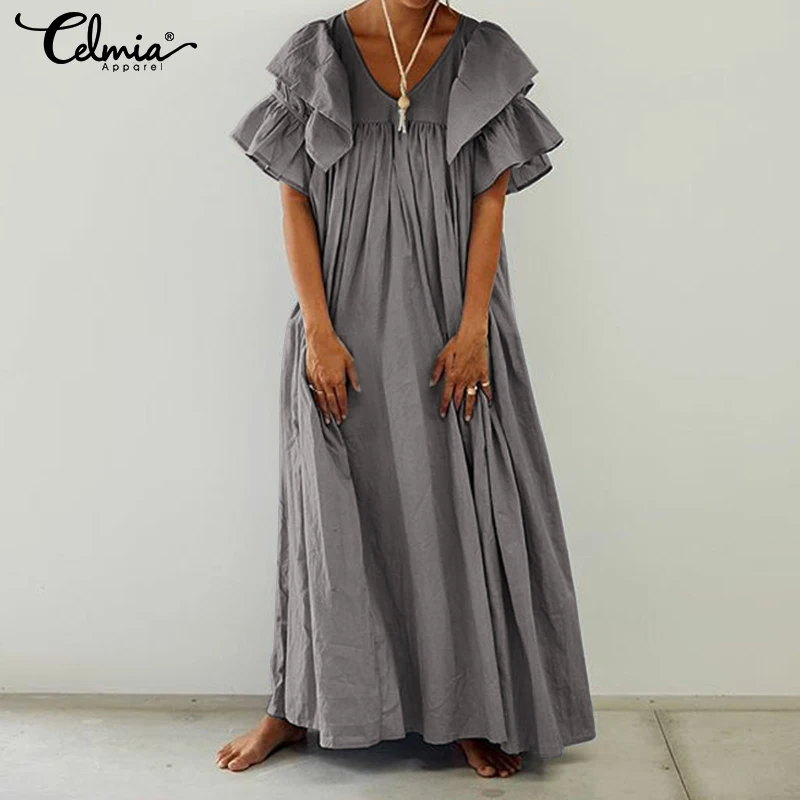 

Women Summer Ruffled Dress Vintage Long Shirt Sundress Celmia 2019 Short Sleeve Casual Loose Solid Beach Party Vestido Plus Size