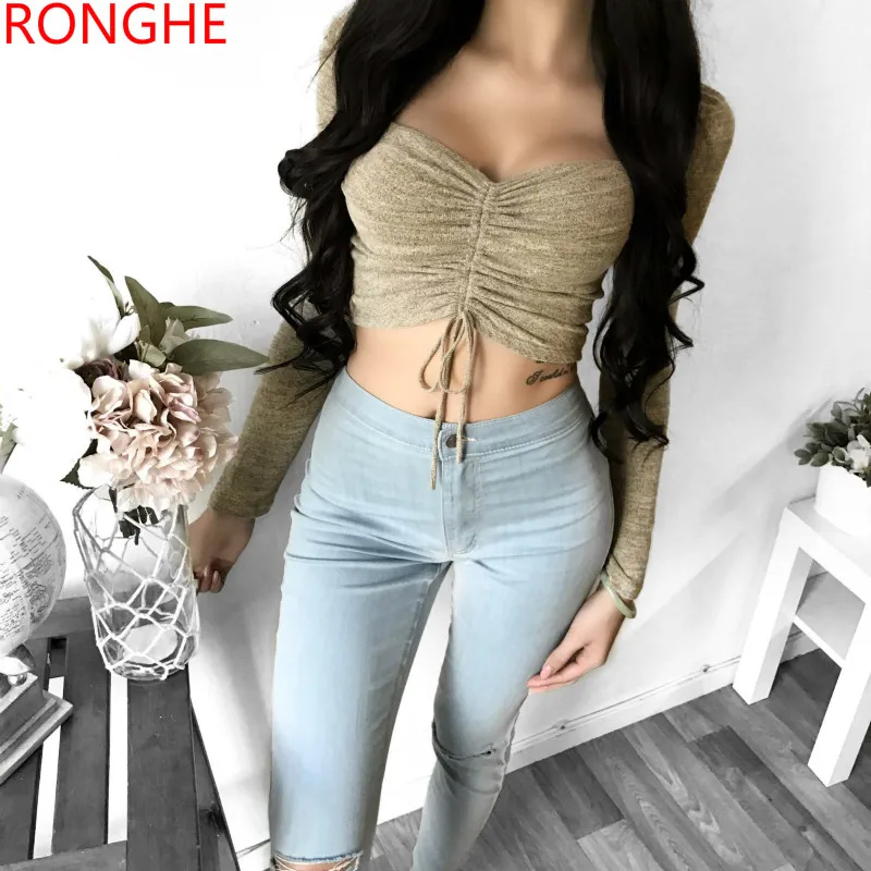 Ronghe 2018 г. Новинка пикантные женские Футболки Длинный рукав укороченный топ
