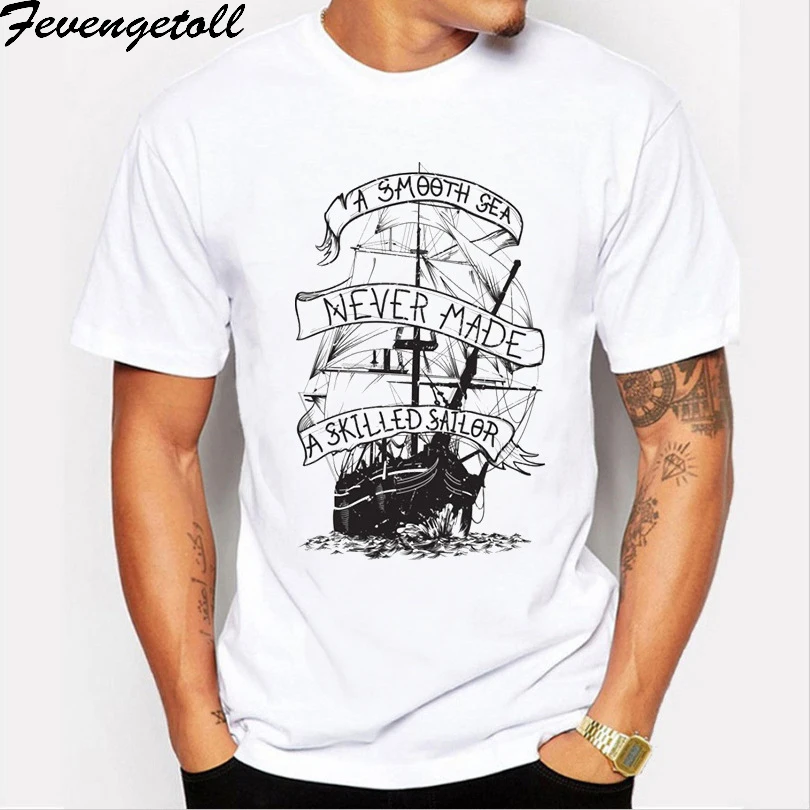 

Summer Cotton funny t shirts short sleeves t-shirt men Fashion pirate boat Print men tops tees casual tshirt men M358
