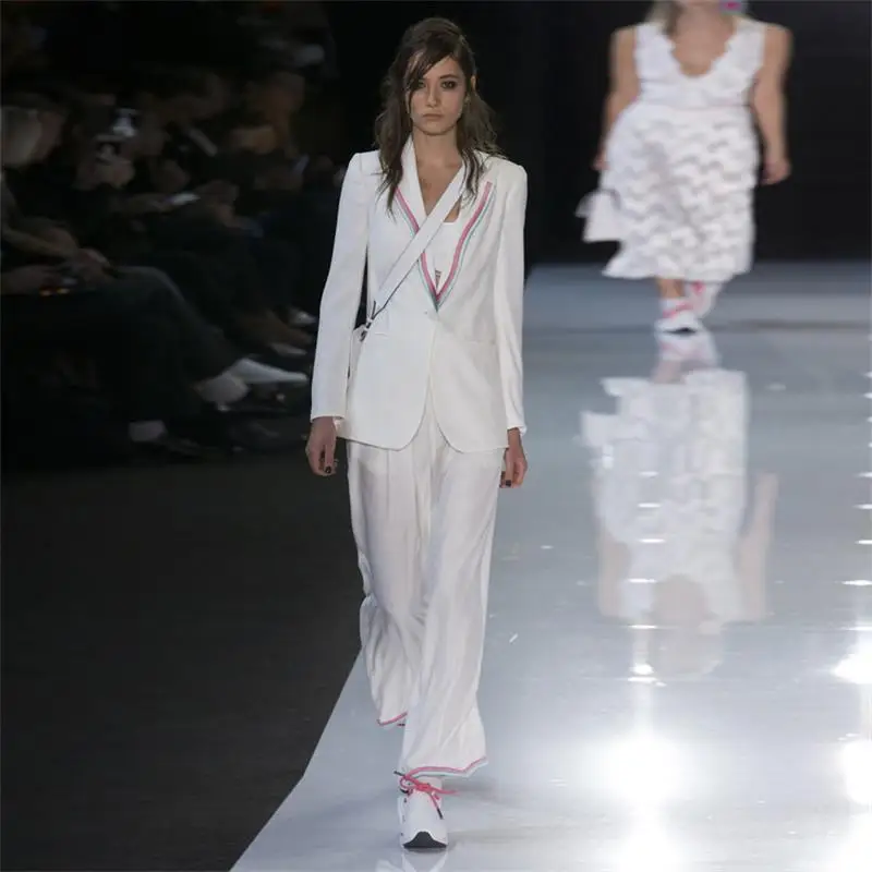 

Designer Runway Two Piece Suits 2018 High Quality Women's Set Long Sleeve Coat and Casual White Long Pants Suit NPD0838
