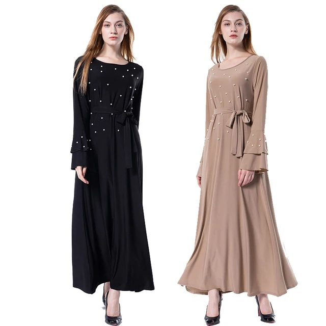 Arabic Vestidos 2018 Flare Sleeve Uae Abaya Dubai Kaftan Turkey Arabic Vestidos 2018 Flare Sleeve Uae Abaya Dubai Kaftan Turkey Pearls Maxi Muslim Hijab Dress Women