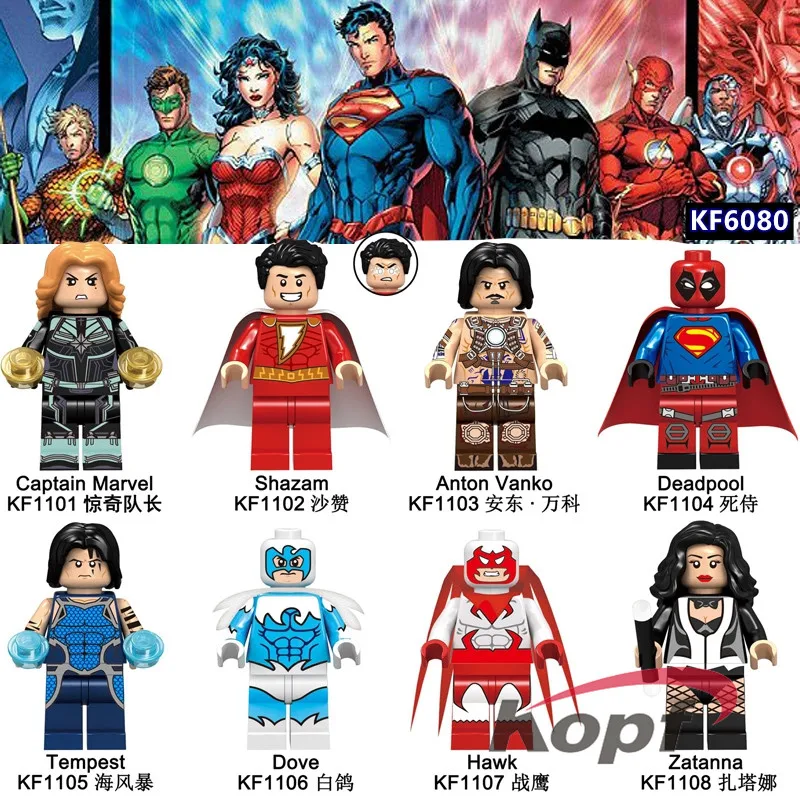 

Super Heroes Building Block Collection Toys Captain Shazam Anton Vanko Deadpool Tempest Dove Hawk Zatanna Brick Blocks KF6080