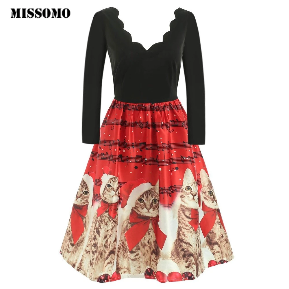 

JAYCOSIN Summer Dress Women Long Sleeve Christmas Cats Musical Notes Print Vintage Flare Dress reto vestidos party dress 65