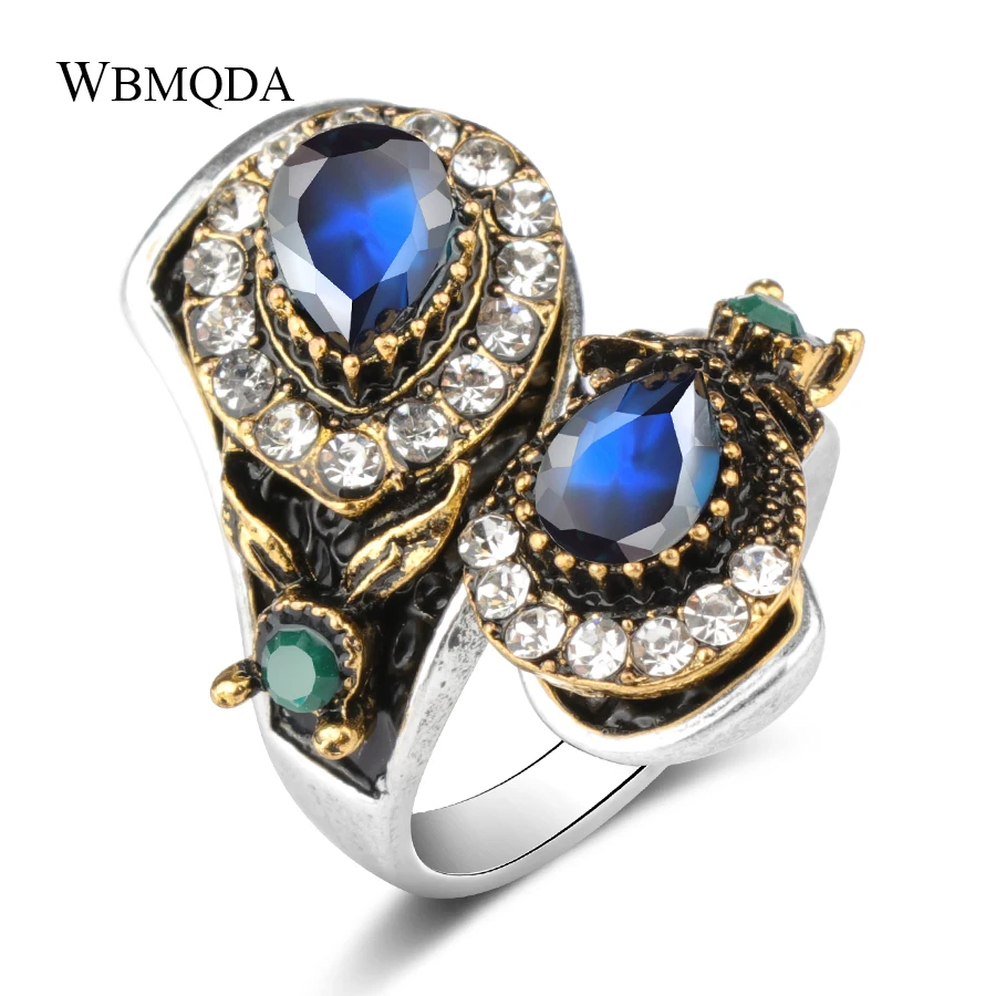 

Kinel Vintage Blue Ring For Women Antique Gold Fashion Crystal Flower Engagement Wedding Rings Turkish Jewelry Wholesale
